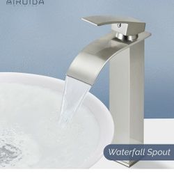 Airuida Tall Vessel Sink Faucet Brushed Nickel, Waterfall Spout Bathroom Faucet, Single Handle One Hole Mixer Tap Vessel Faucet, Lavatory Vanity with 
