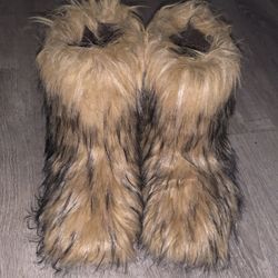 SHEIN Faux Fur Bootie Slippers Brown Animal Print EU 44 US 11.5 Unisex