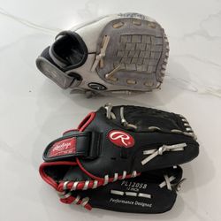 RAWLINGS BASEBALL GLOVE Players Series PL120SB 12” & Rawlings FP12GWDS Softball Glove 12” RHT Leather Palm Fastpitch Grey Color