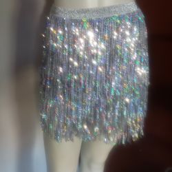 flash sale - Silver Sparkle Sequin embellished fringe tassel sarong skirt Size (4-6) 