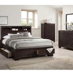 4 Piece Queen Storage Bedroom Set - Queen Bed, Nightstand, Dresser & Mirror