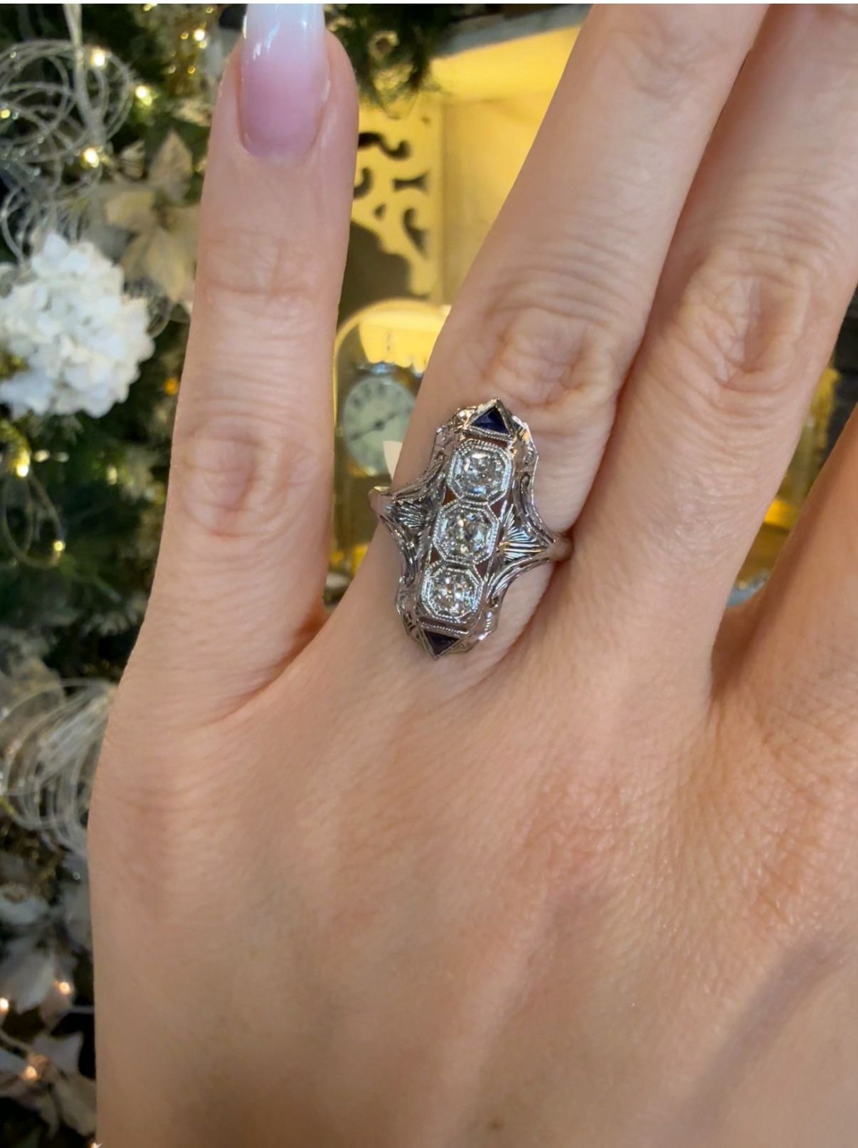 18K Gold Art Deco Ring With Natural Diamonds And Sapphires