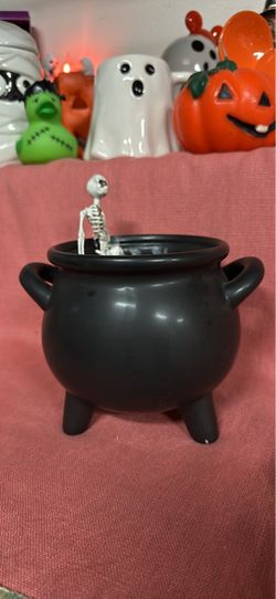 Black Halloween Cauldron with Skeleton Figure