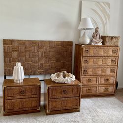Gorgeous PotteryBarn Queen Headboard, Tall Dresser Chest , Side Tables