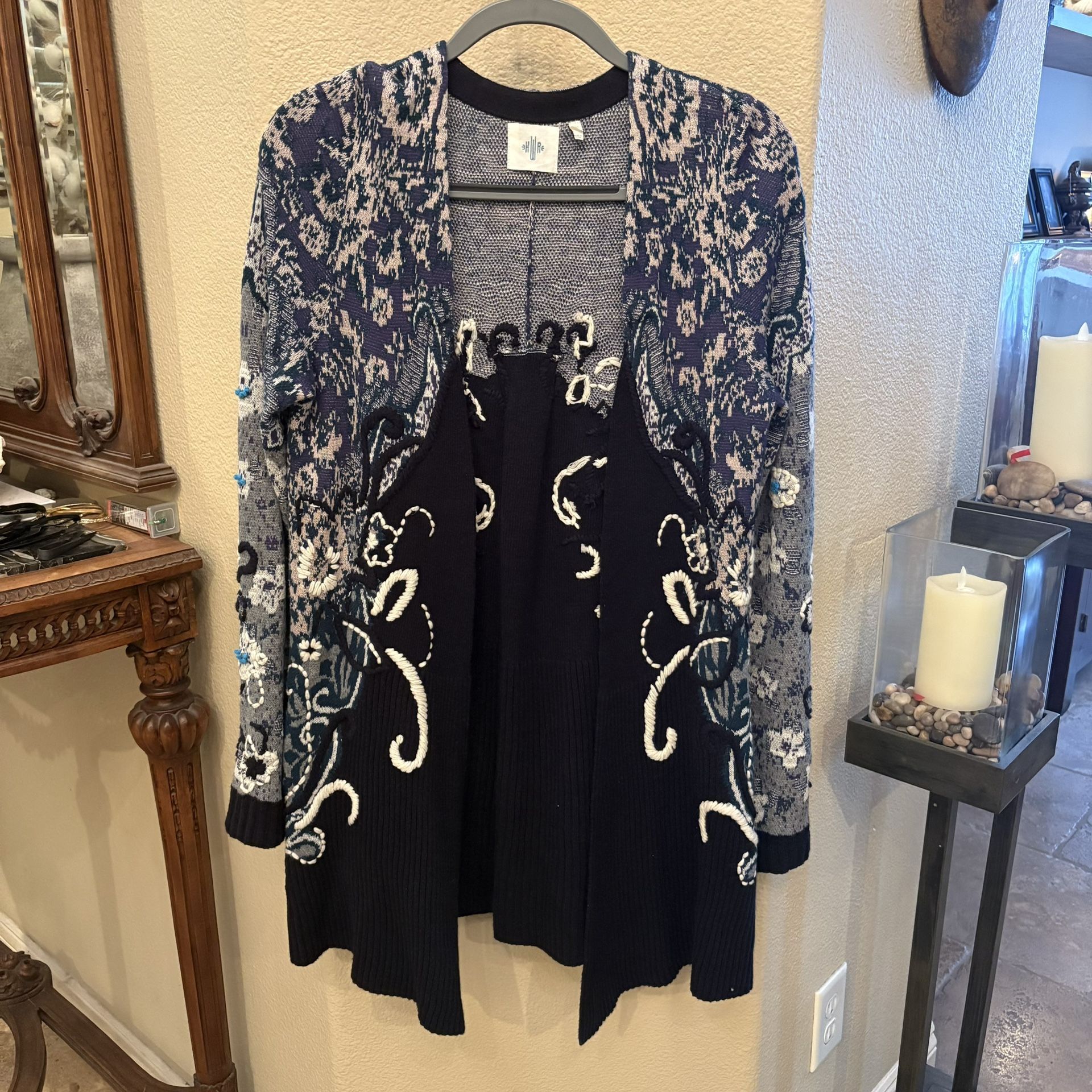 Anthropologie HWR Monogram Emmia Blue Hand-Stitched Embroidered Open Cardigan-S