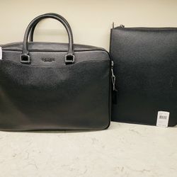 Coach Unisex Black Leather Set-includes Beckett Slim Brief and Tech Portfolio, new with tags