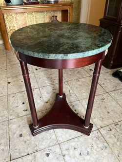 Round Green Marble Top Accent Side Table – Wood Pedestal Base