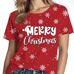 Christmas Shirts for Women: Merry Christmas Snowflake Tree Printed Short Sleeve Costumes Crewneck Casual Pattern T-Shirt（large）