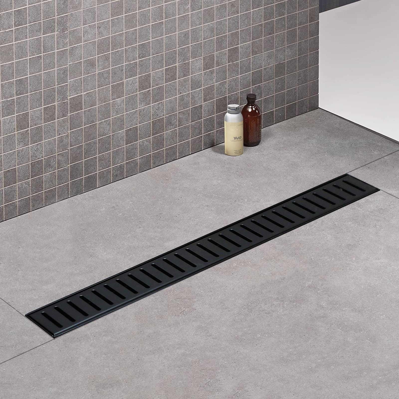 Linear Shower Drain, 48 inch Capsule Drain with Removable Capsule Cover, Matte Black 304 Stainless Steel Shower Floor Drain, Linear Drain with Hair St