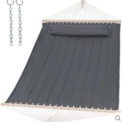 Gray 2 Person Quilted Fabric Hammock with Spreader Bar, Pillow and Chains