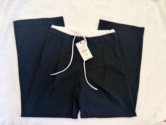 NWT Zara women black wide legs stripe pants with white waist string, size S