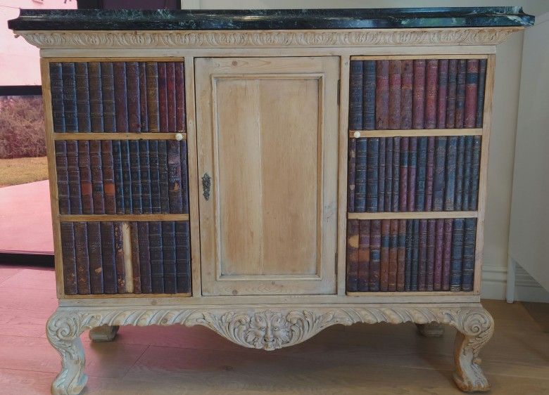 19th Century French Antique Leather Faux Book Cabinet/Commode With Marble Top

