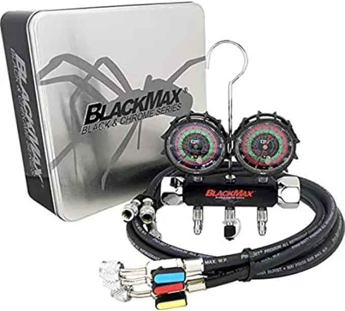 USA PRO HVAC Manifold AC Refrigerant Gauge CPS BlackMax MBH4P5EZ 2V Manifold R-134A, 22, 404A, 410A Gauges & 5’ Premium BV Hoses for HVAC/Auto AC