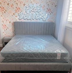 New KING SIZE BED FRAME WITH MATTRESS VELVET HEADBOARD GRAY OR WHITE Mattress And Box Springs Set FREE DELIVERY 