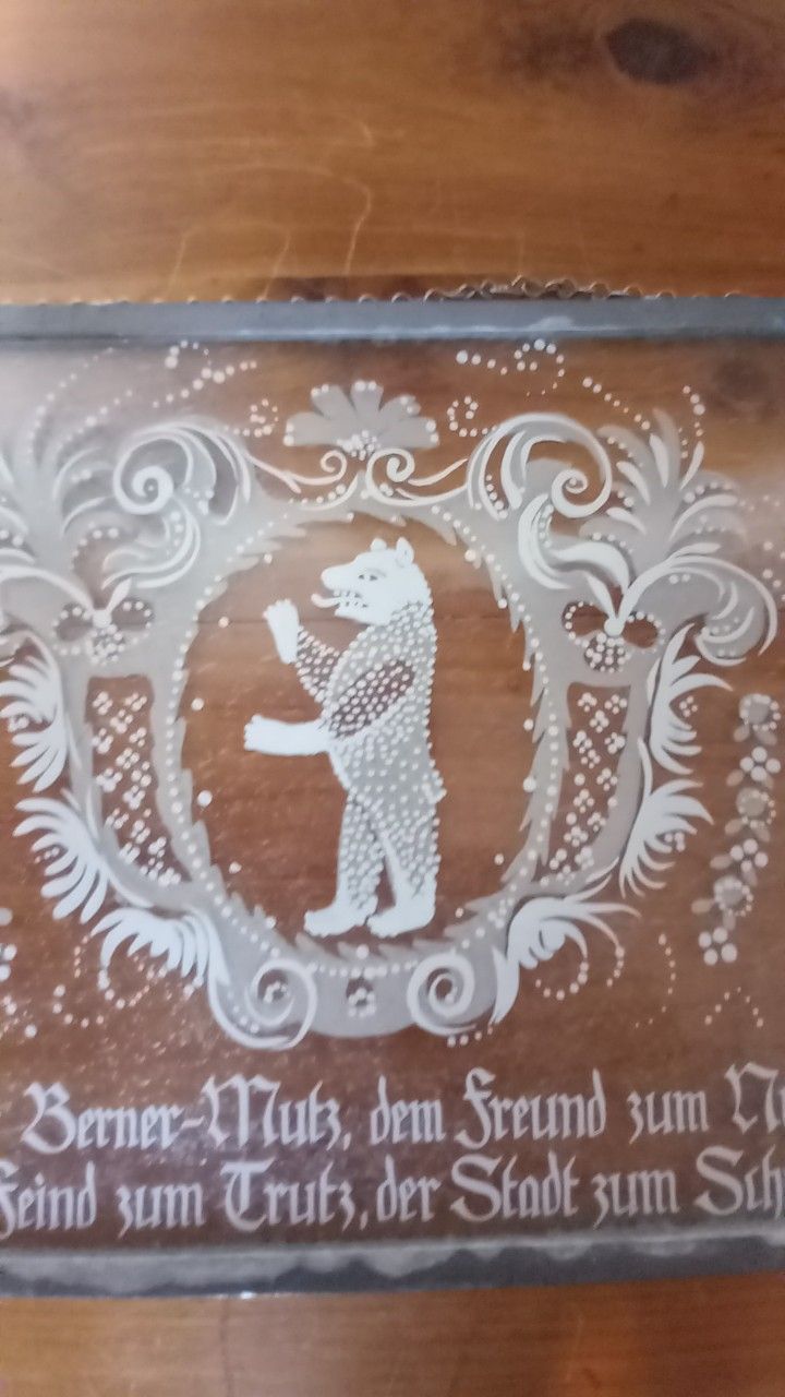 Vintage Hand-Etched Glass Panel – “Der Berner-Mutz” – Hanging Decor – Rare Swiss Folk Art