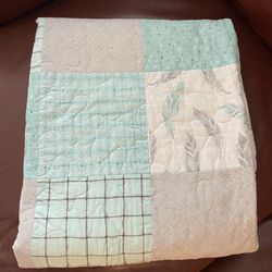 Handmade Baby Quilt Mint And Gray Baby Shower Gift Feathers Geometric Patterns