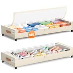 Under Bed Storage with Wheels 2 Pack, 85L Extra Large Under Bed Storage Containers with Metal Frame & Clear Lid