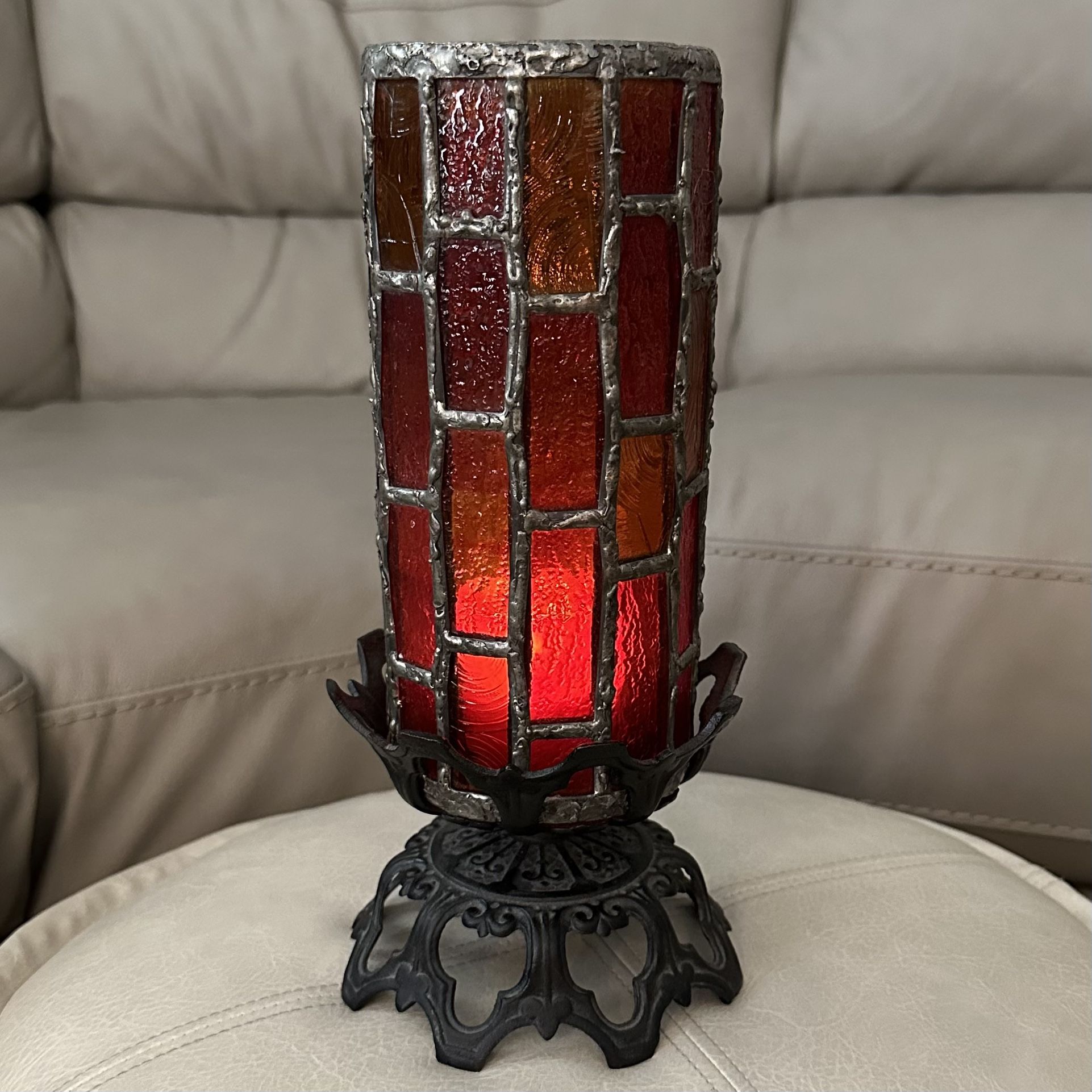 VINTAGE STAINED GLASS ONE OF A KIND 1960’s CANDLE HOLDER WITH REVERSIBLE STAND