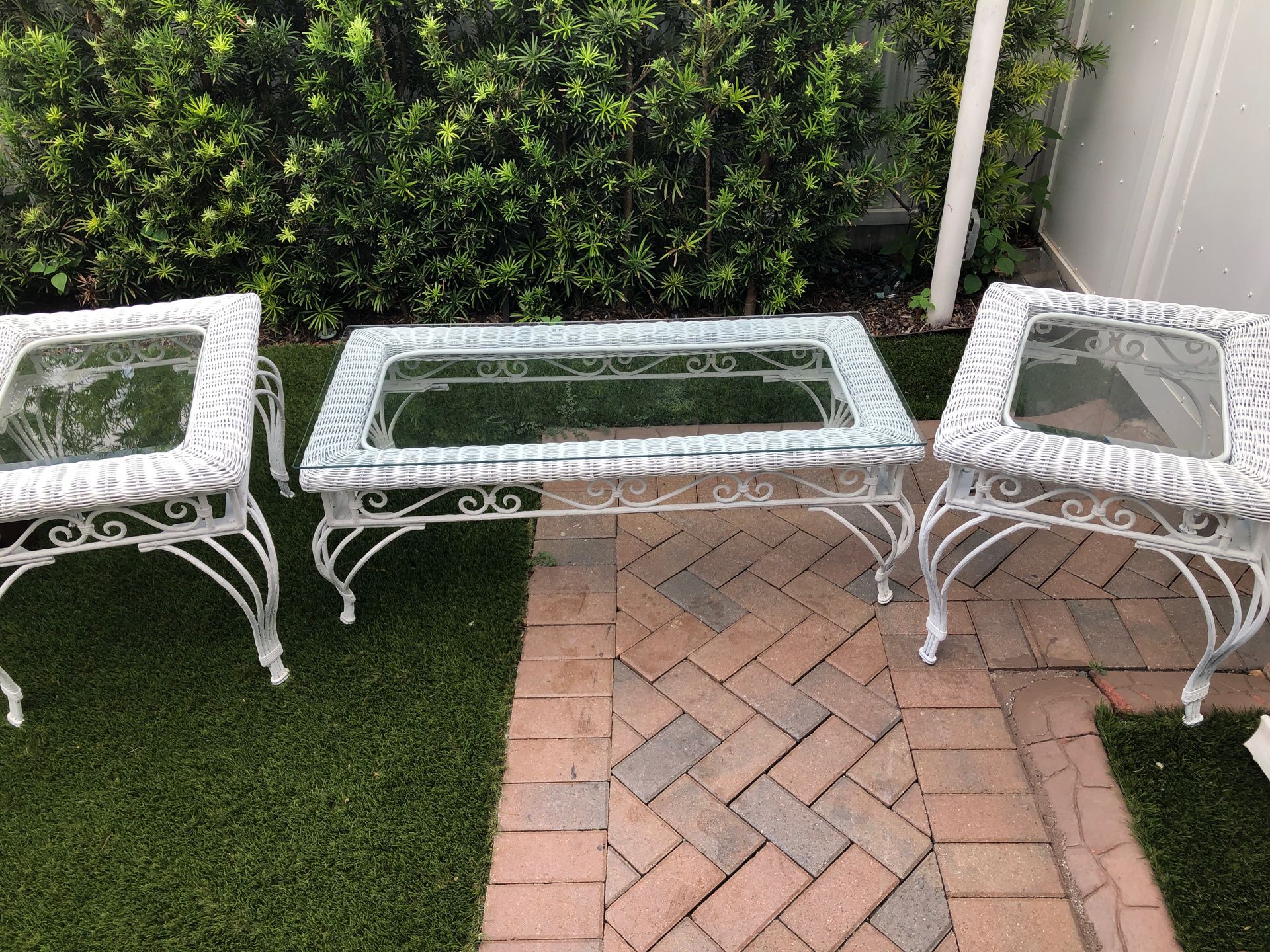 Wicker set and Wrought iron Center table and two end tables