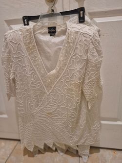 Vintage 80s Tan Chho Beaded Silk Skirt Set Ivory Zigzag Hem Evening Co-ord Sz L