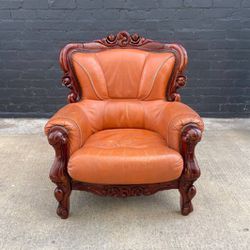 Vintage American Hand Carved & Cognac Leather Lounge Chair, c.1970’s-Delivery Available