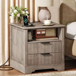 Fluted End Table with Charging Station, 24'' Sofa Side Table with 2 Drawers, Farmhouse Bedside Table
