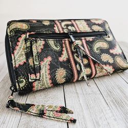 4.75" x 8" MaggiB by Ganz Black Multi-Colored Paisley Cotton Bifold Zippered Ladies Checkbook Wallet with Multiple Inner Compartments/Pockets and Zipp