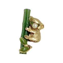 1950s Koala Bear Dainty Brooch Pin, Nephrite Jade, Genuine Pearl, Gold Plated, Mid Century Animal Jewelry, Metaphysical Gemstone 