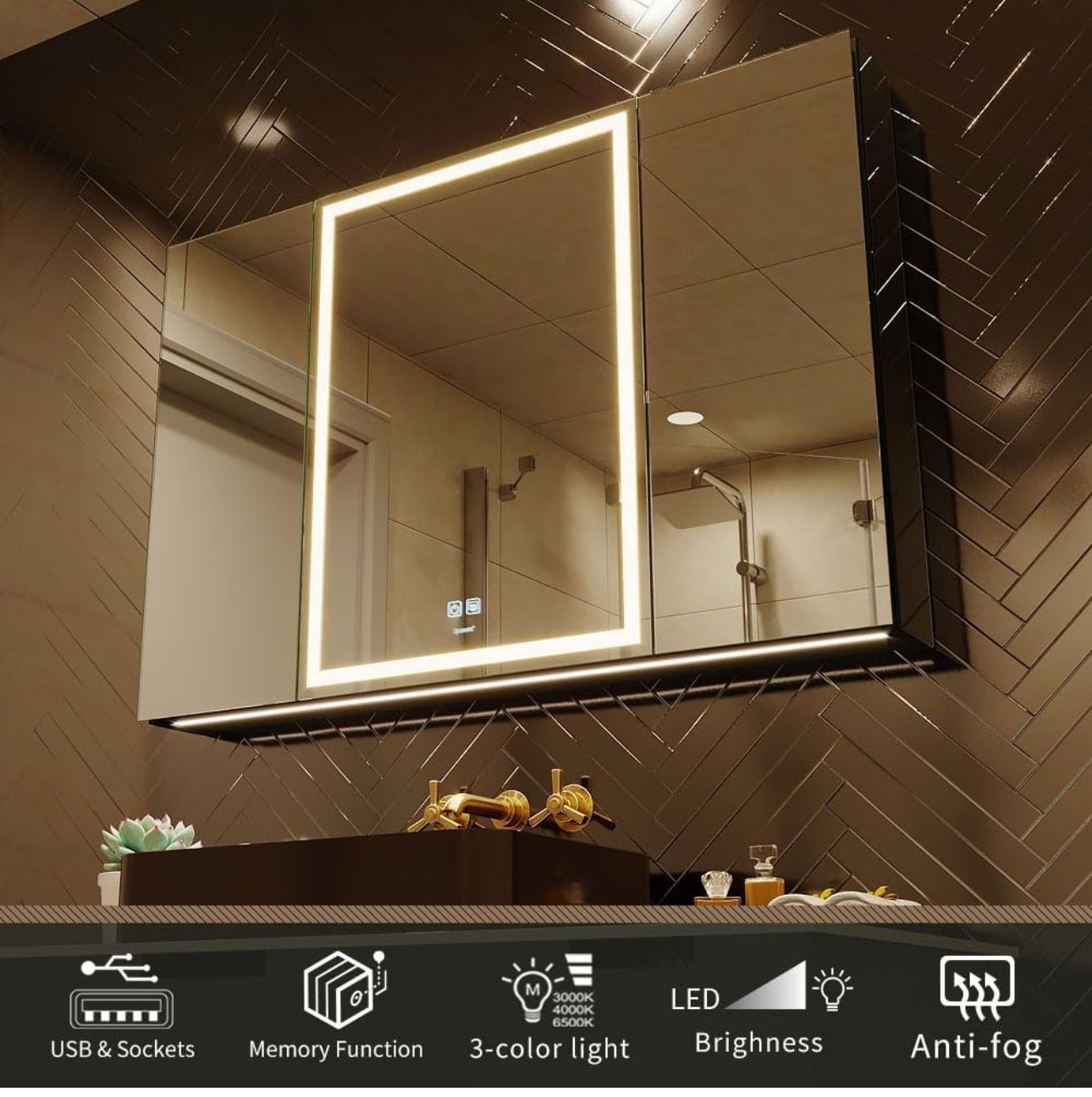 LED Lighted Bathroom Medicine Mirror Cabinet with Sockets & USBs,