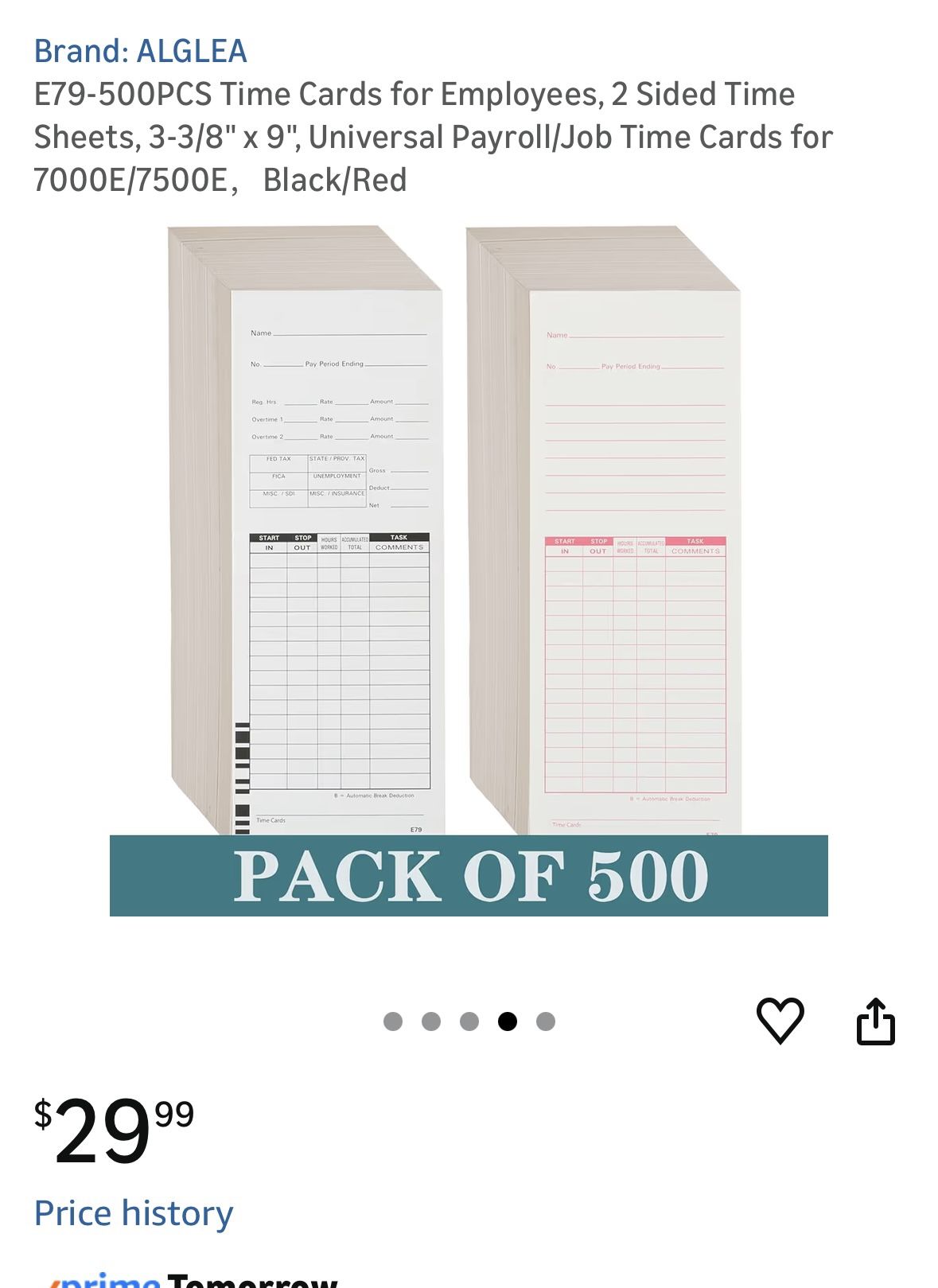 500PCS Time Cards for Employees Weekly, 2 Sided Sheets, 3-3/8" x...