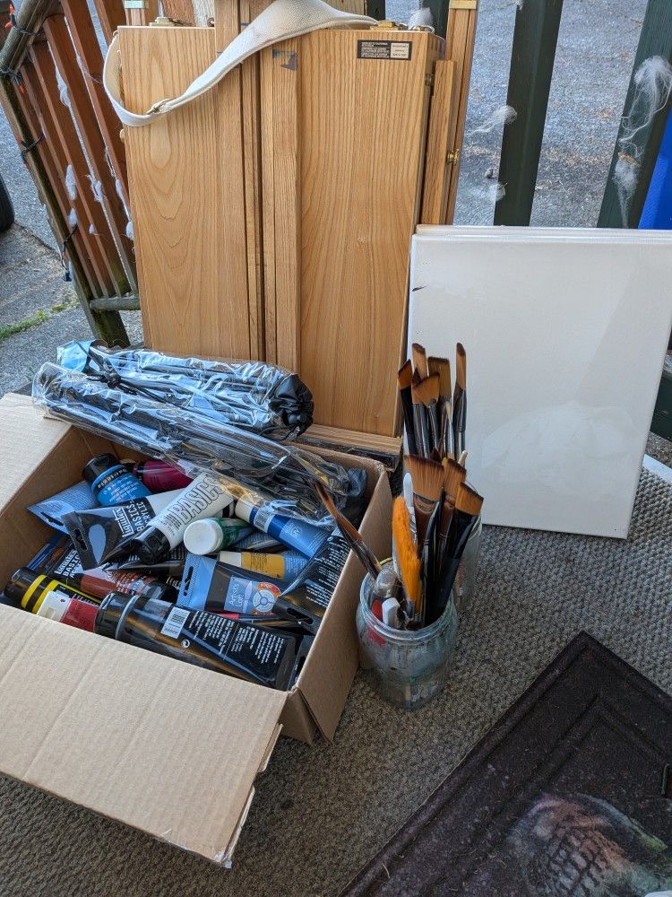 $150 OBO Painters Art Bundle With Lots Of Half To Full Tubes Of Acrylic Paint 2 Table Top Easel Brushes And Floor Easel