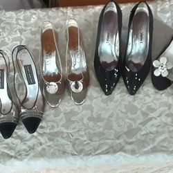 Heels Amano All See Thru,  Sequins, Satin Roses, Rhinestones, Blk. Suede, White Pearl Flower, Size 9-10