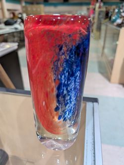 Vintage Hand Blown Red Blue Art Glass Vase Tall Studio Glass Decorative Display