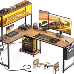  L Shaped Desk Gaming Desk with LED Light & Power Outlet, 53 Inch Reversible L Shaped Computer Table with Shelf & Storage Bag & Hook for Home Office, 