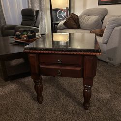 MUST GO!!! Beautiful Wooden Side Table With Two Drawers. Also Marble Top! $100 