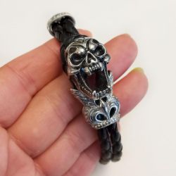 Stainless steel oxidized and black leather braided cord Skull bracelet, 8 inches