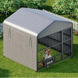 Brand New In Box! Large Outdoor Covered Galvanized Dog Kennel Heavy Duty, Galvanized Metal, 4 Sided CoverTarp Swivel Feeding Door & bowls Jaula /coral