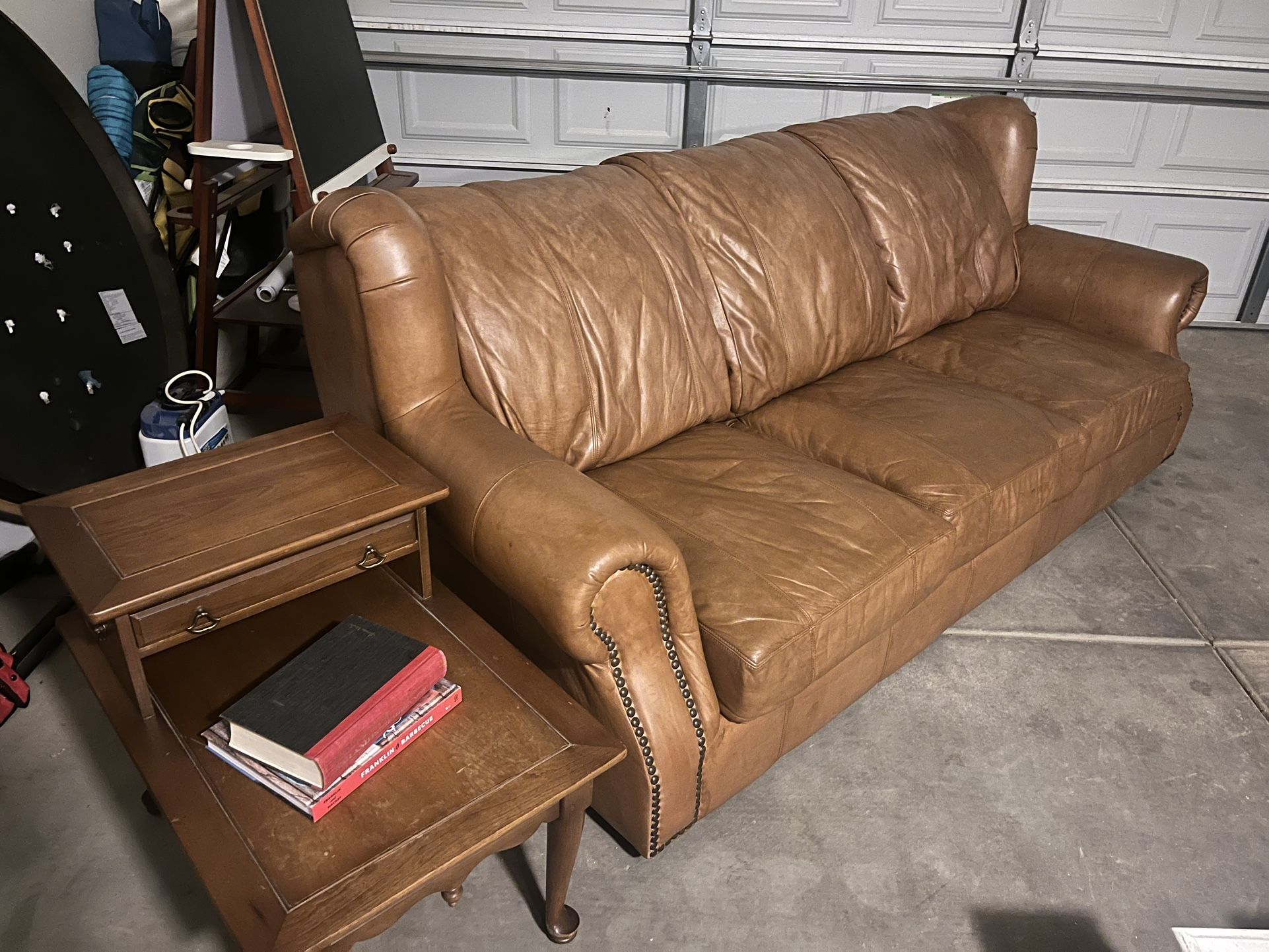 Three-Cushion Camel Leather Couch – Free Delivery - Good Condition – Recently Conditioned