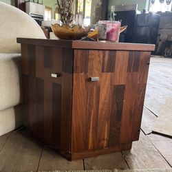 Mid-century modern Lane hexagonal, solid wood, geometric side tables.
