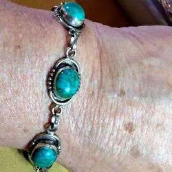 GORGEOUS SANTA FE TURQUOISE, EXTRA LARGE, STERLING WRAPPED CABOCHONS. ADJUSTABLE BRACELET. ( WITH A STRONG T- BAR CLOSURE. ADJUSTABLE:  7-8-2/4." L
