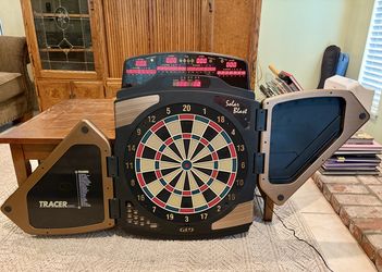 GLD Solar Blast Electronic Dartboard Cabinet w/ Tracer Doors – 25+ Games – Works Perfect