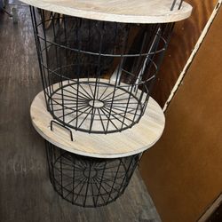 Stylish At Home Wood Top Storage Basket Side Tables (Set of 2)
