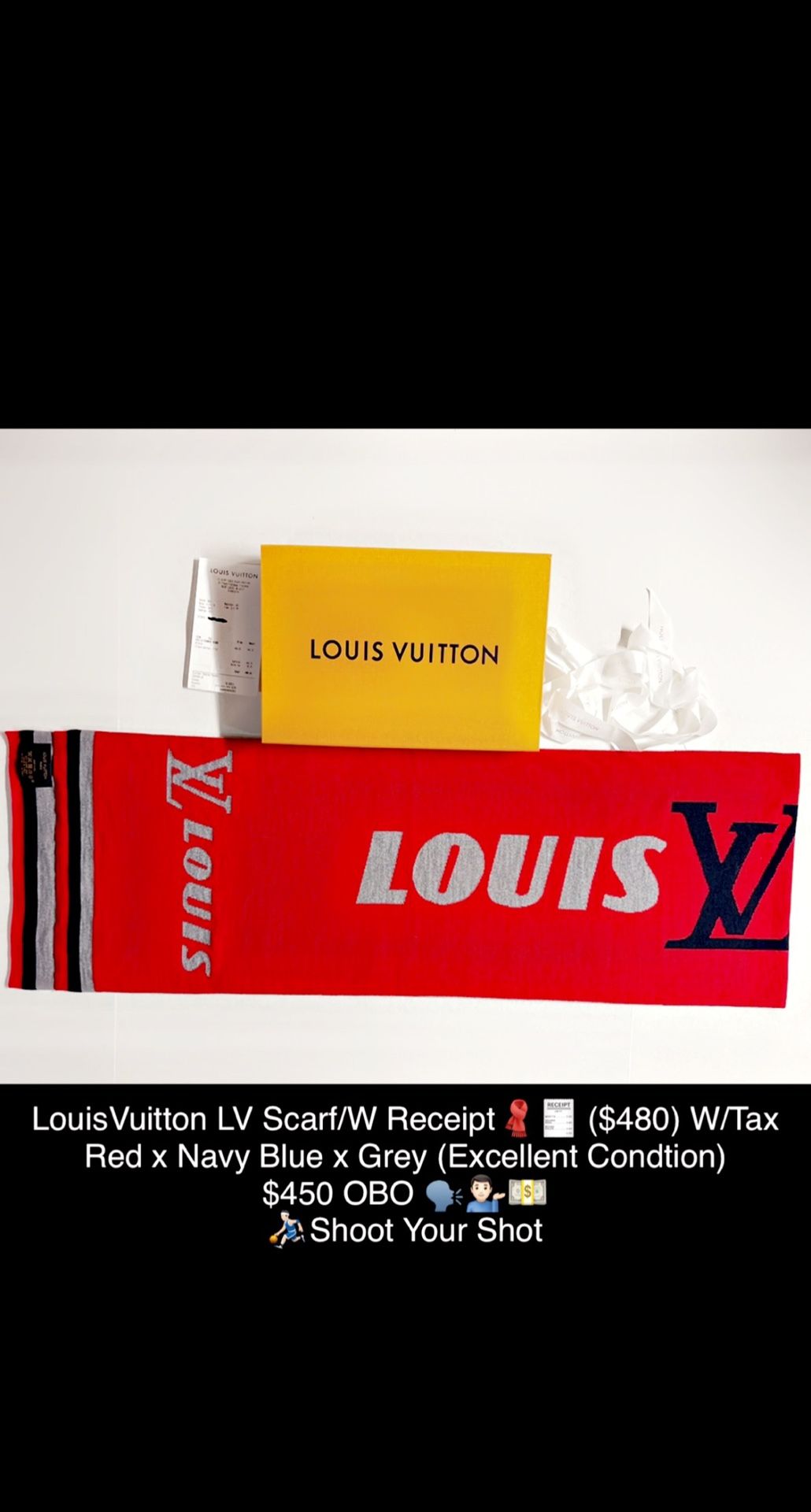 Louis Vuitton LV Scarf W/Receipt🧣🧾 ($480) W/Tax Red X Navy Blue X Grey (EXCELLENT CONDITION) $450 OBO ⛹🏻‍♂️Shoot Your Shot!