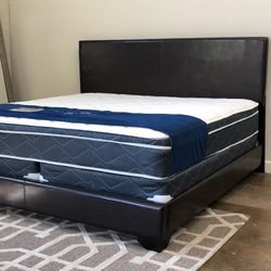 Brand New Black King Size Leather Bed Frame With New 12.5 Inch Pillow Top Mattress/Fast Delivery