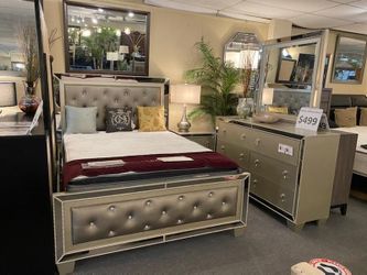 Brand new silver mirrorred queen bedframe + dresser + mirror + nightstand 4PCs set