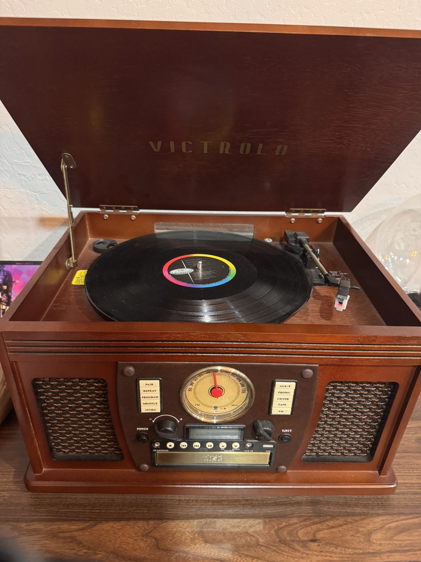Retro Victrola 8-in-1 Bluetooth Record Player with Turntable, CD, Cassette, Radio & Aux-In