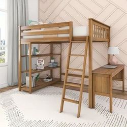 Wooden Full/Double Size Loft Bed with Desk and Shelves