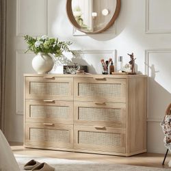 Natural colored Rattan 48 inch 6 Drawer Dresser for Bedroom