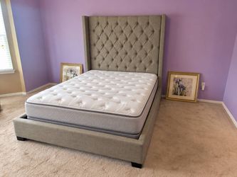 Queen Tufted Wingback Upholstered Bed Frame - 88-inch Headboard