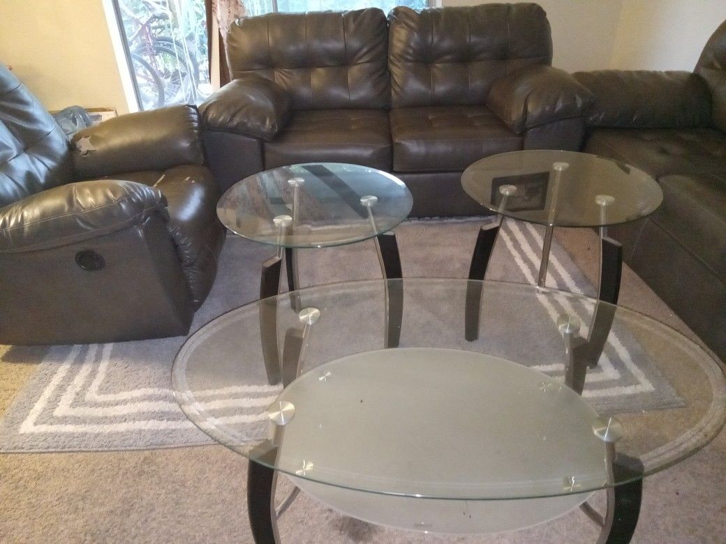 1 Set of living room furniture, 1 set of 3 glass table, and carpet. USED-GOOD.